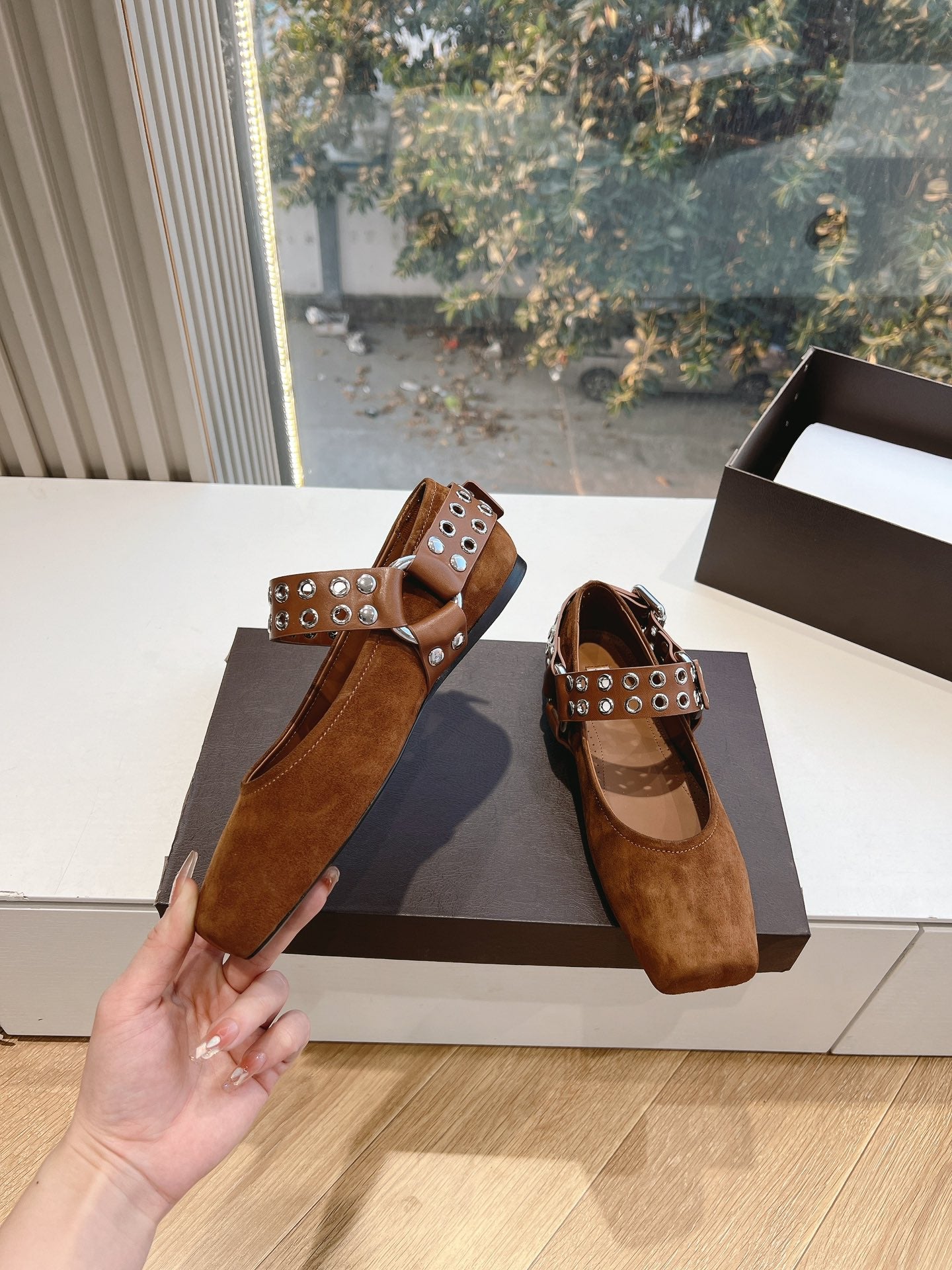 ALAIA 26S FLATS IN BROWN SUEDE WITH SILVER STUD STRAP