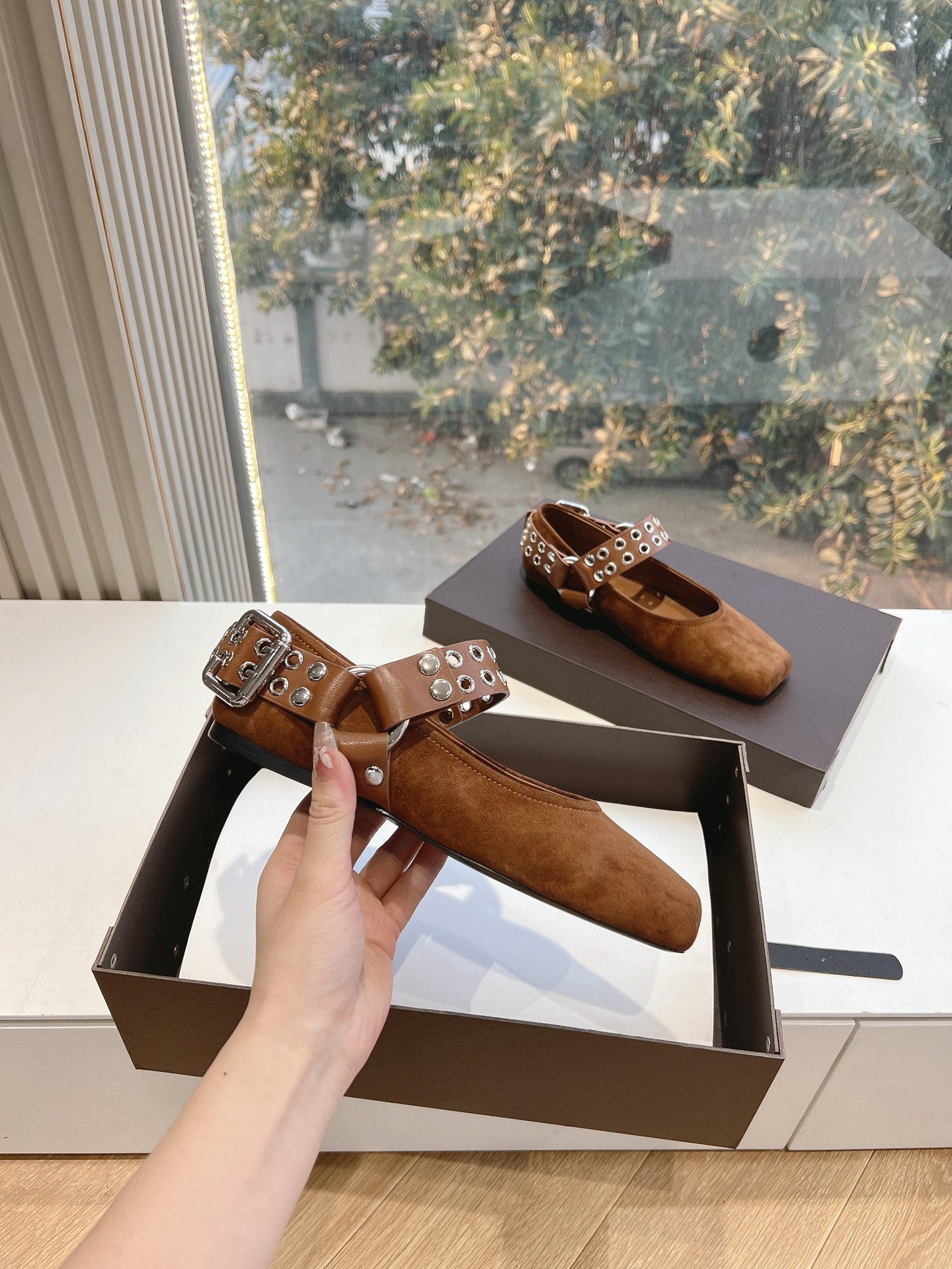 ALAIA 26S FLATS IN BROWN SUEDE WITH SILVER STUD STRAP