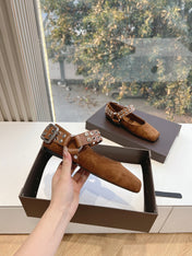 ALAIA 26S FLATS IN BROWN SUEDE WITH SILVER STUD STRAP