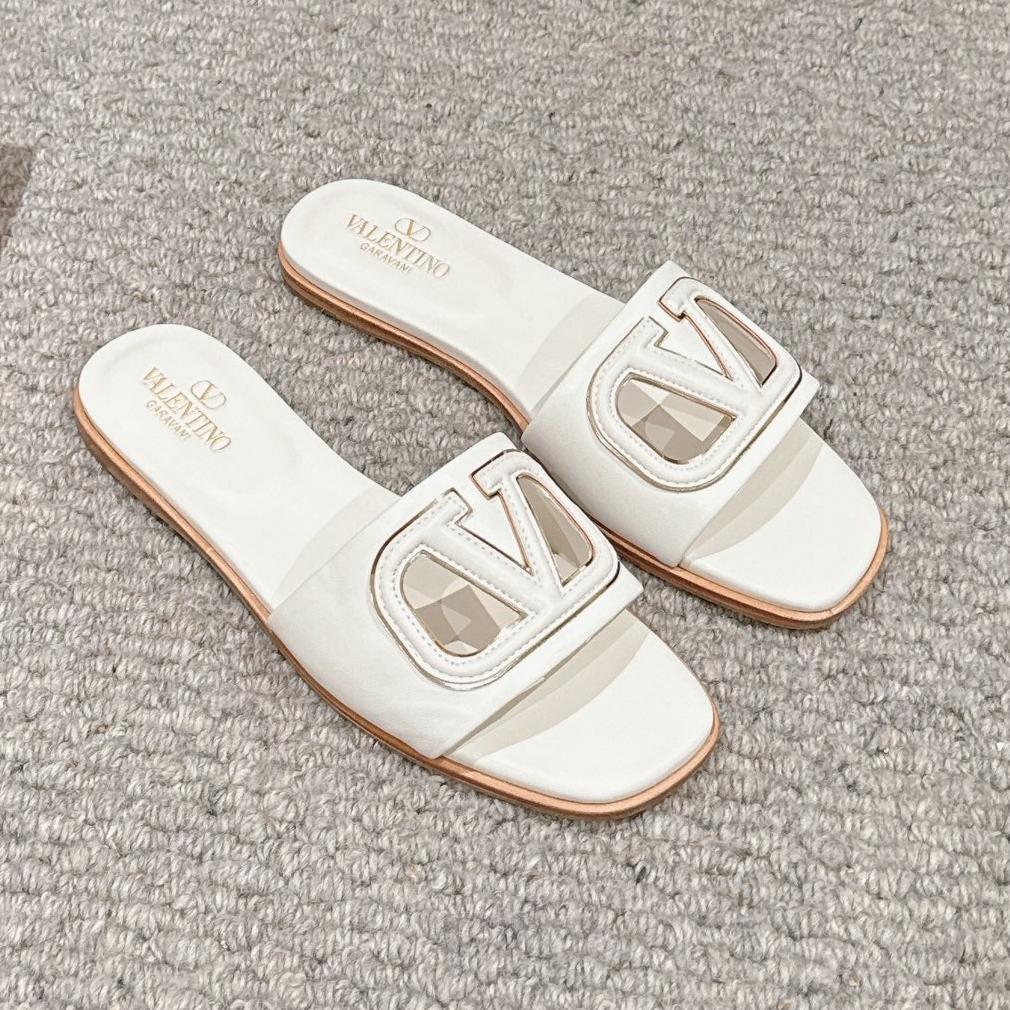 VLOGO CUT-OUT WHITE CALFSKIN SLIDE SANDAL