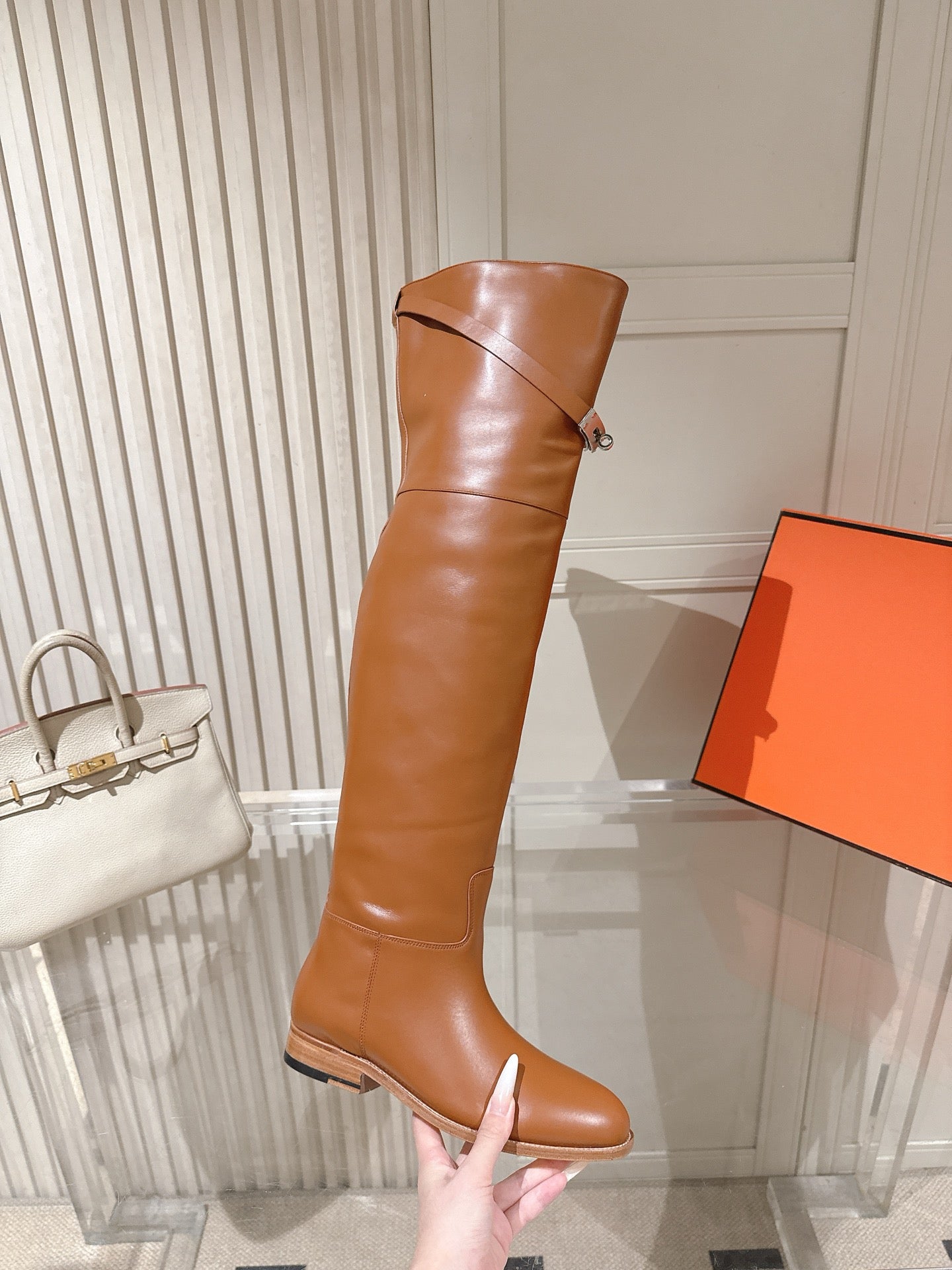 HM 26S OVER THE KNEE BOOTS IN COGNAC BROWN CALFSKIN