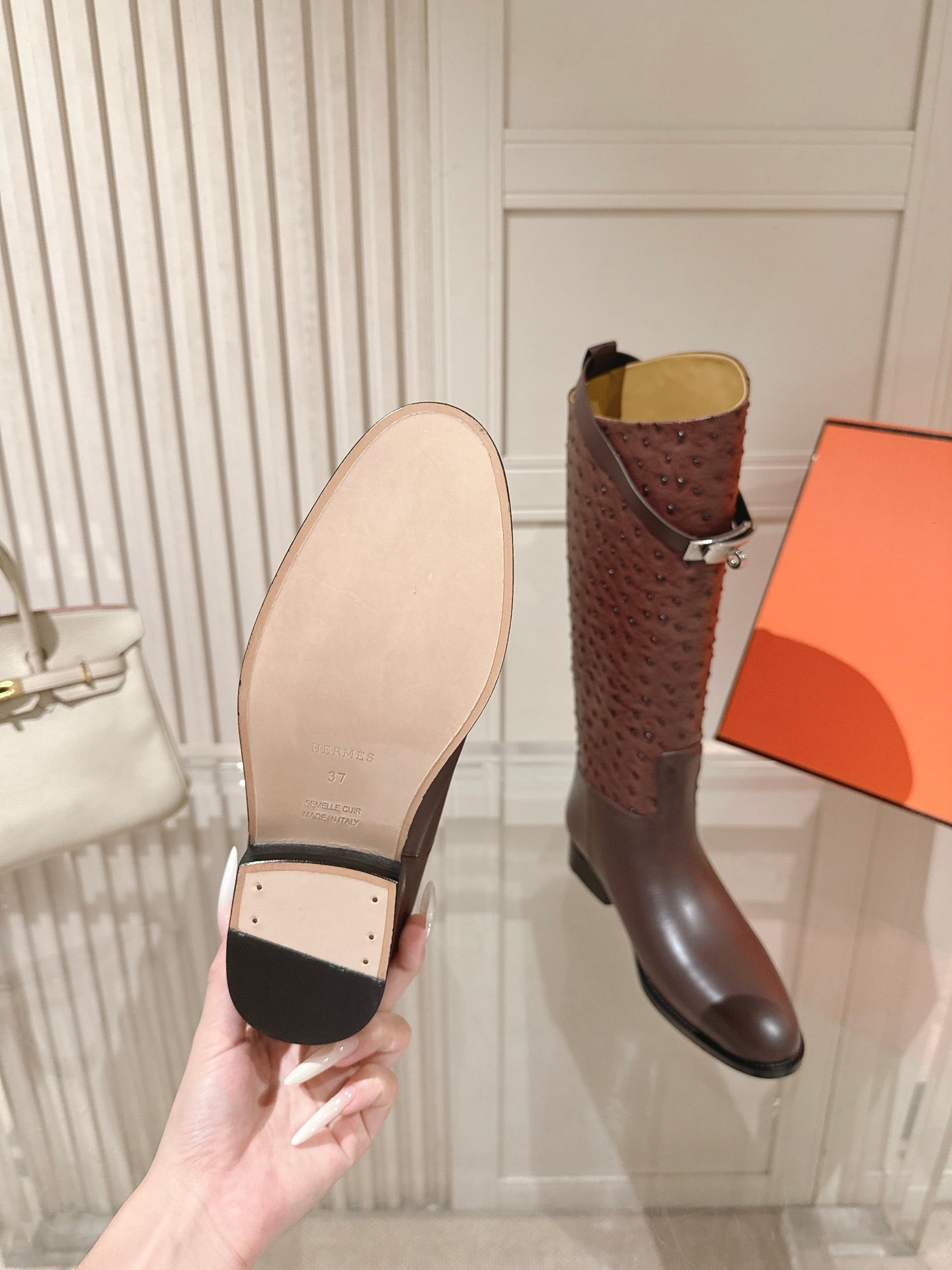 HM 26S TALL FLAT BOOTS IN DARK BROWN OSTRICH LEATHER