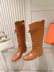 HM 26S TALL FLAT BOOTS IN COGNAC BROWN OSTRICH LEATHER