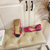 STRETCH LACE-UP FLAT SANDAL IN BRIGHT PINK METALLIZED MESH AND LEATHER