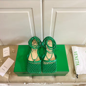 STRETCH LACE-UP FLAT SANDAL IN COOL GREEN METALLIZED MESH AND LEATHER