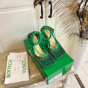 LACE-UP SANDAL IN COOL GREEN METALLIZED MESH AND LEATHER WITH RHINSTONES 9 CM