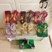 LACE-UP SANDAL IN COOL GREEN METALLIZED MESH AND LEATHER WITH RHINSTONES 9 CM