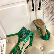 LACE-UP SANDAL IN COOL GREEN METALLIZED MESH AND LEATHER WITH RHINSTONES 9 CM