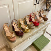 GG HORSEBIT PLATFORM SANDAL IN GOLD YELLOW SHEEPSKIN