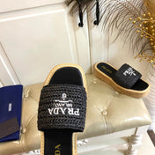 PRADA 26S SLIDE SANDALS CORK SOLE IN BLACK LOGO RAFFIA
