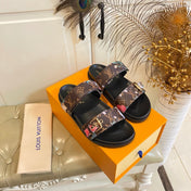 LV 26S TWO-STRAP SANDALS IN DARK BROWN MONOGRAM CANVAS WITH FLORAL PRINT