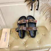 LV 26S TWO-STRAP SANDALS IN DARK BROWN MONOGRAM CANVAS WITH FLORAL PRINT