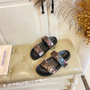 LV 26S TWO-STRAP SANDALS IN DARK BROWN MONOGRAM CANVAS WITH FLORAL PRINT