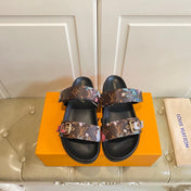 LV 26S TWO-STRAP SANDALS IN DARK BROWN MONOGRAM CANVAS WITH FLORAL PRINT
