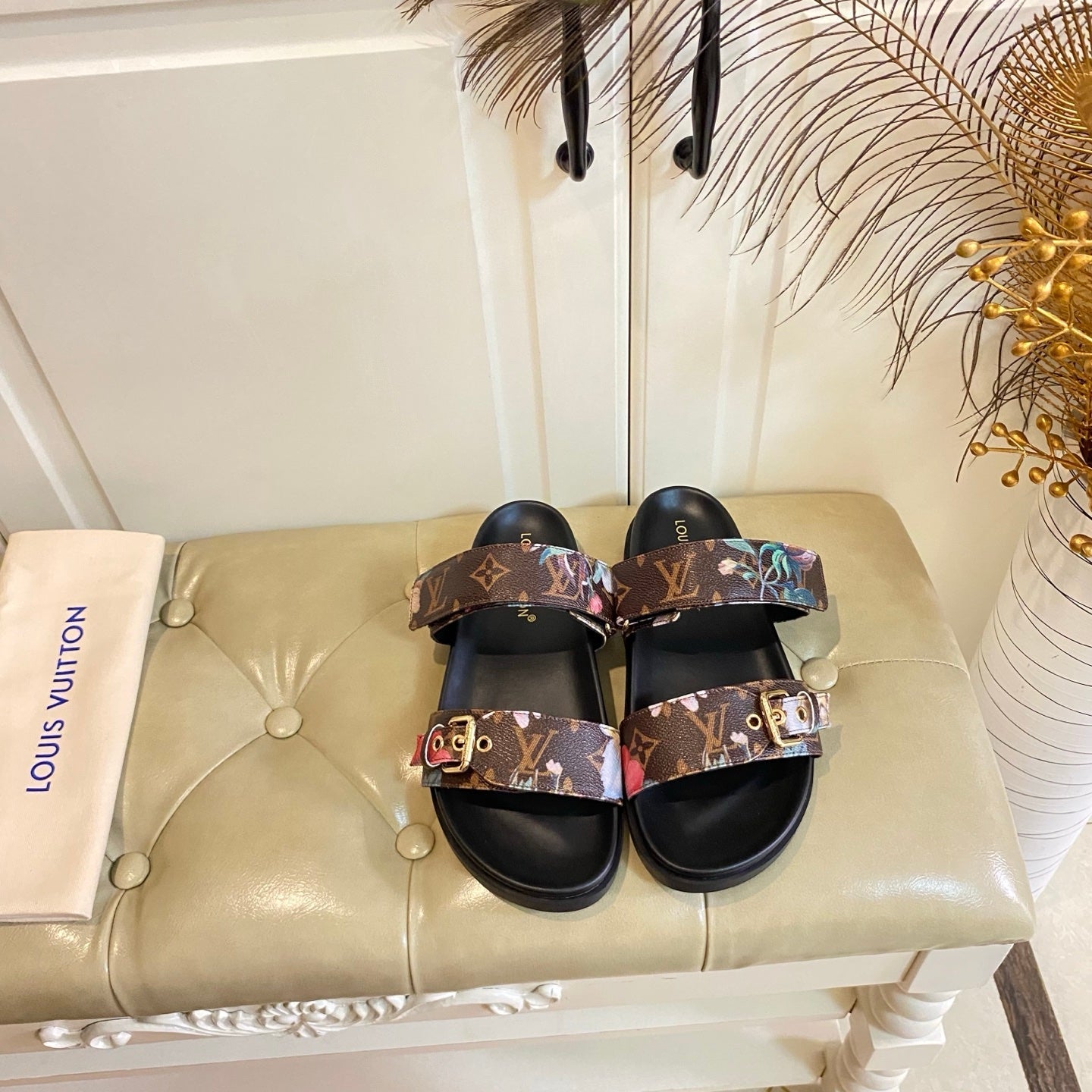 LV 26S TWO-STRAP SANDALS IN DARK BROWN MONOGRAM CANVAS WITH FLORAL PRINT