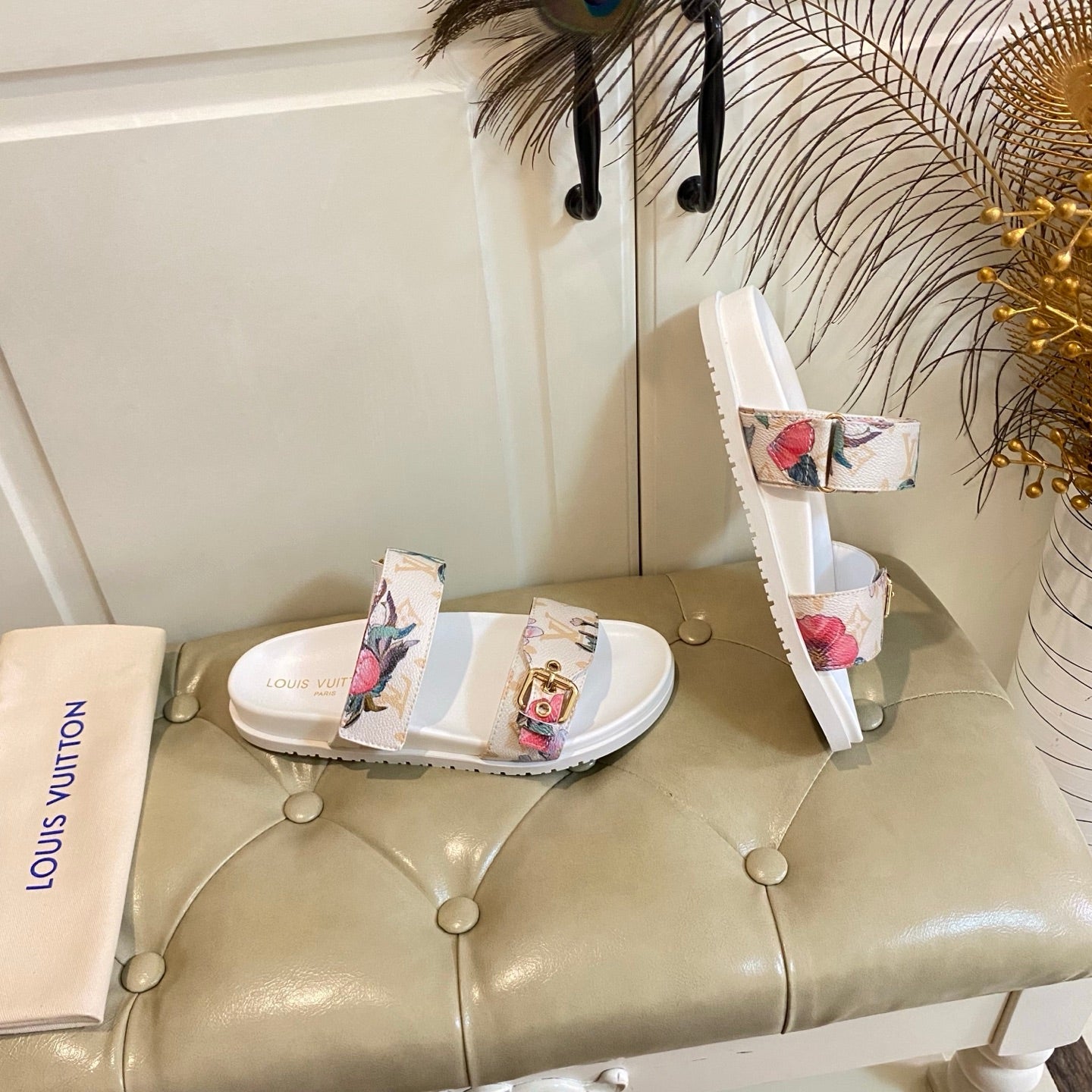 LV 26S TWO-STRAP SANDALS IN MULTICOLOR MONOGRAM CANVAS WITH FLORAL PRINT