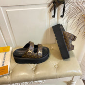 LV 26S WEDGE SLIDES 45 MM IN DARK BROWN MONOGRAM COATED CANVAS
