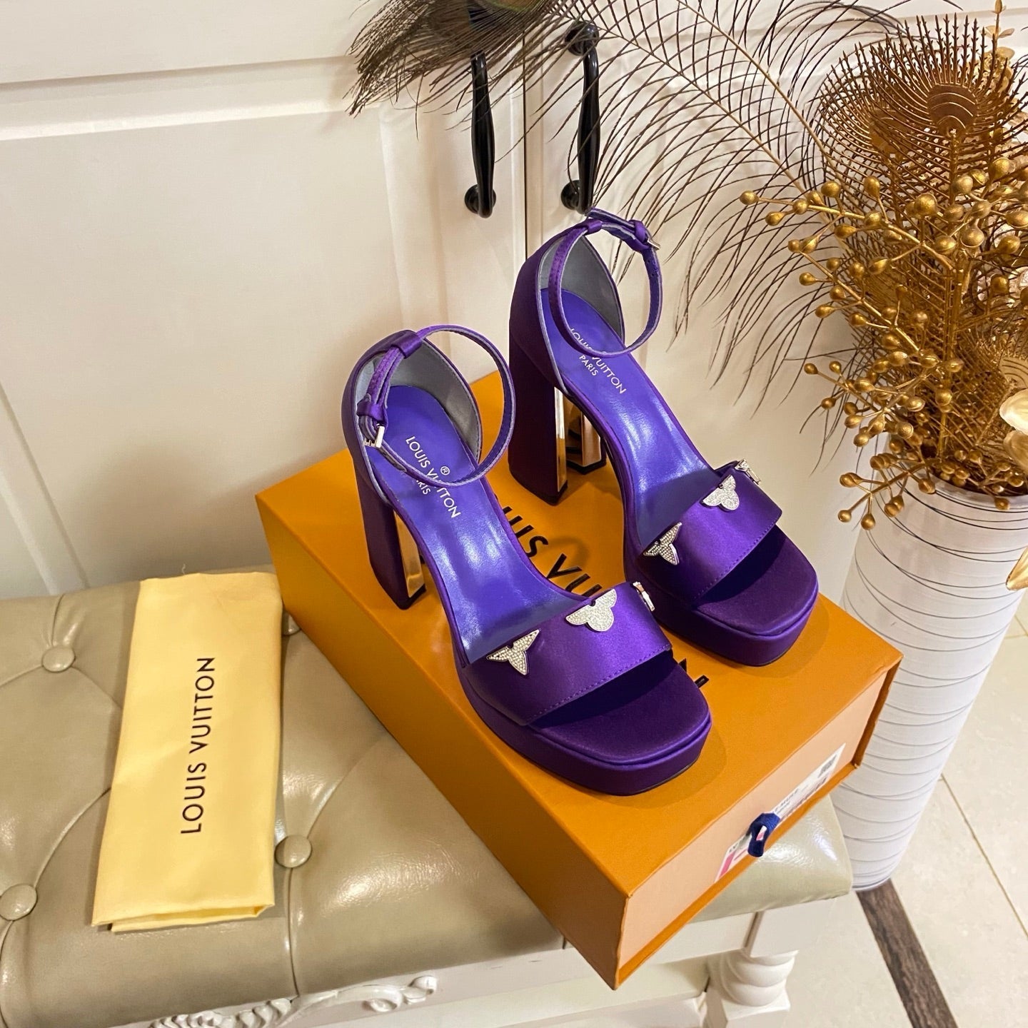 LV 26S HIGH-HEELED SANDALS 110 MM IN DARK PURPLE SATIN AND CALFSKIN