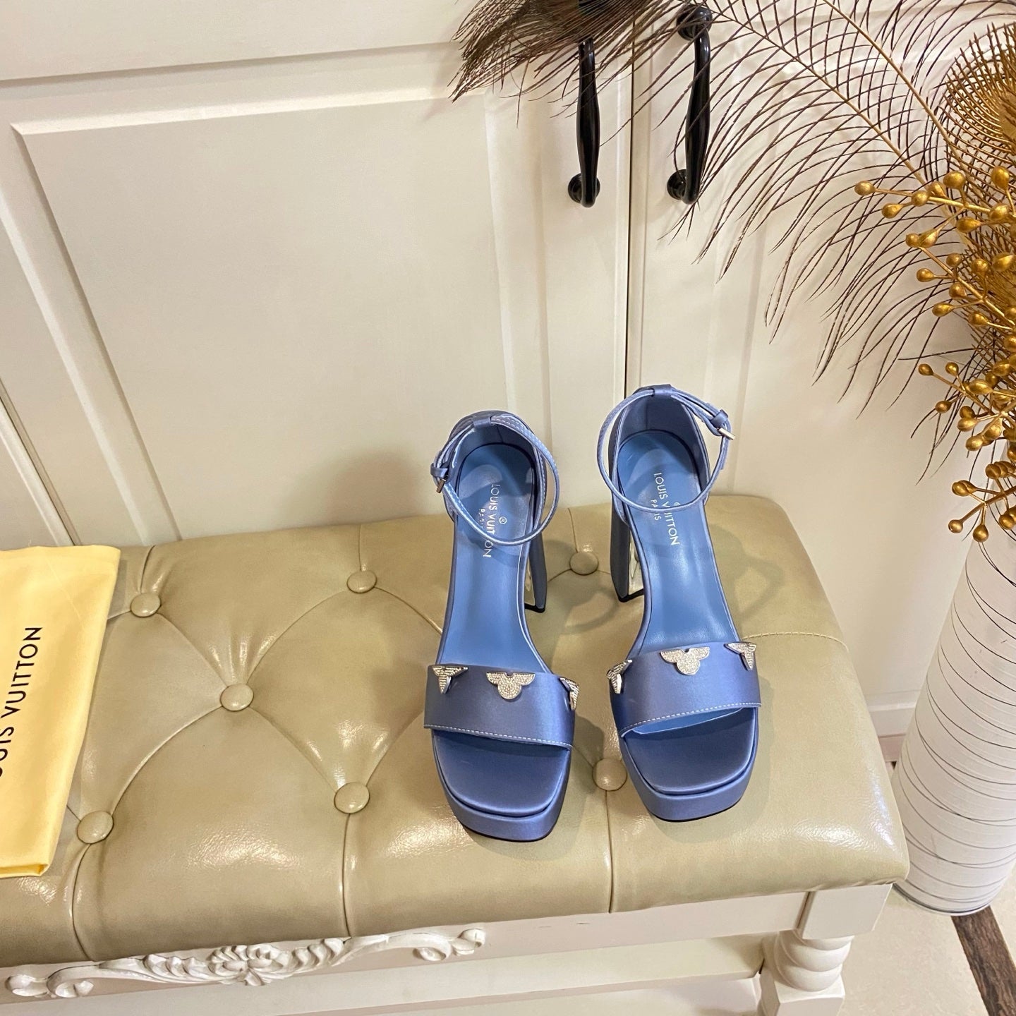 LV 26S HIGH-HEELED SANDALS 110 MM IN DUSTY BLUE PURPLE SATIN AND CALFSKIN