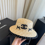 CHANEL 26S BOATER STRAW HAT WITH BLACK CC LOGO 337952
