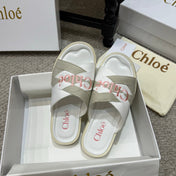 CHLOE 26S FLAT SLIDES IN WHITE & GREIGE CANVAS 