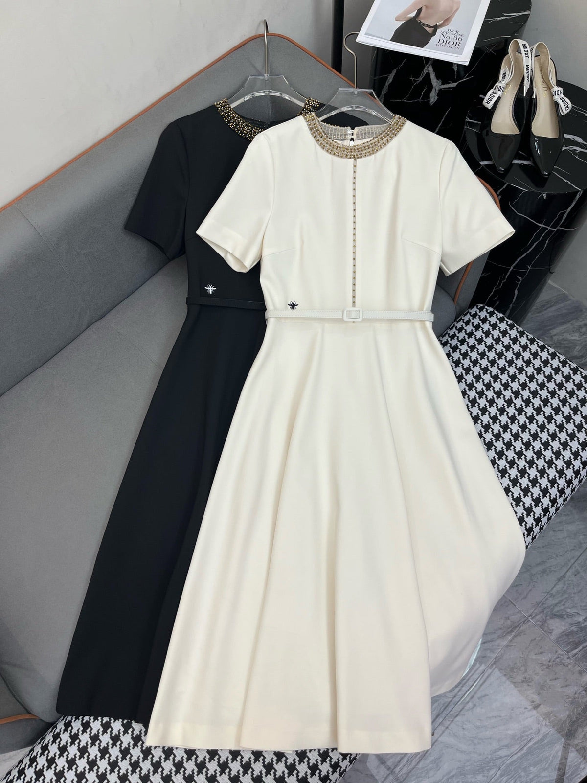 DIOR DRESS WITH BELT AND METAL-EMBELLISHED COLLAR 219281