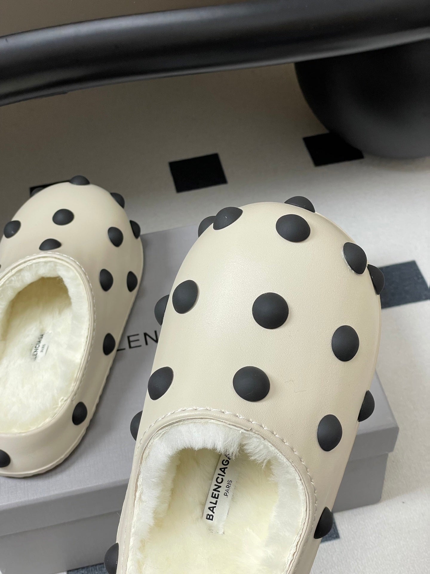 BALENCIAGA 25S FUR-LINED MULES IN WHITE FAUX LEATHER