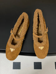 PRADA 25S MARY JANE FLATS IN DARK WALNUT BROWN SUEDE WITH GOLD HARDWARE