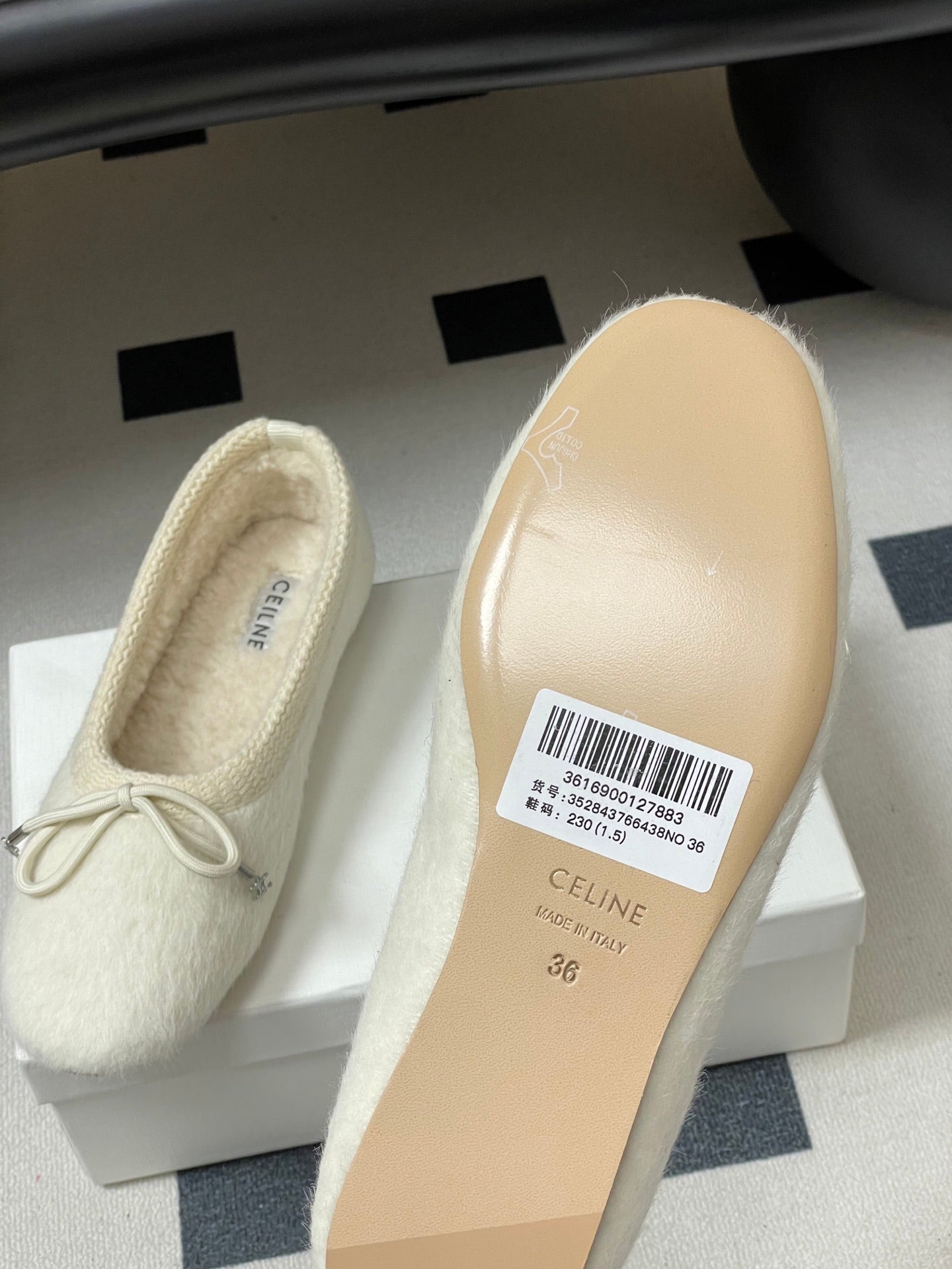 CELINE 26S BALLET FLATS IN WHITE WOOL WITH BOW STYLE 2