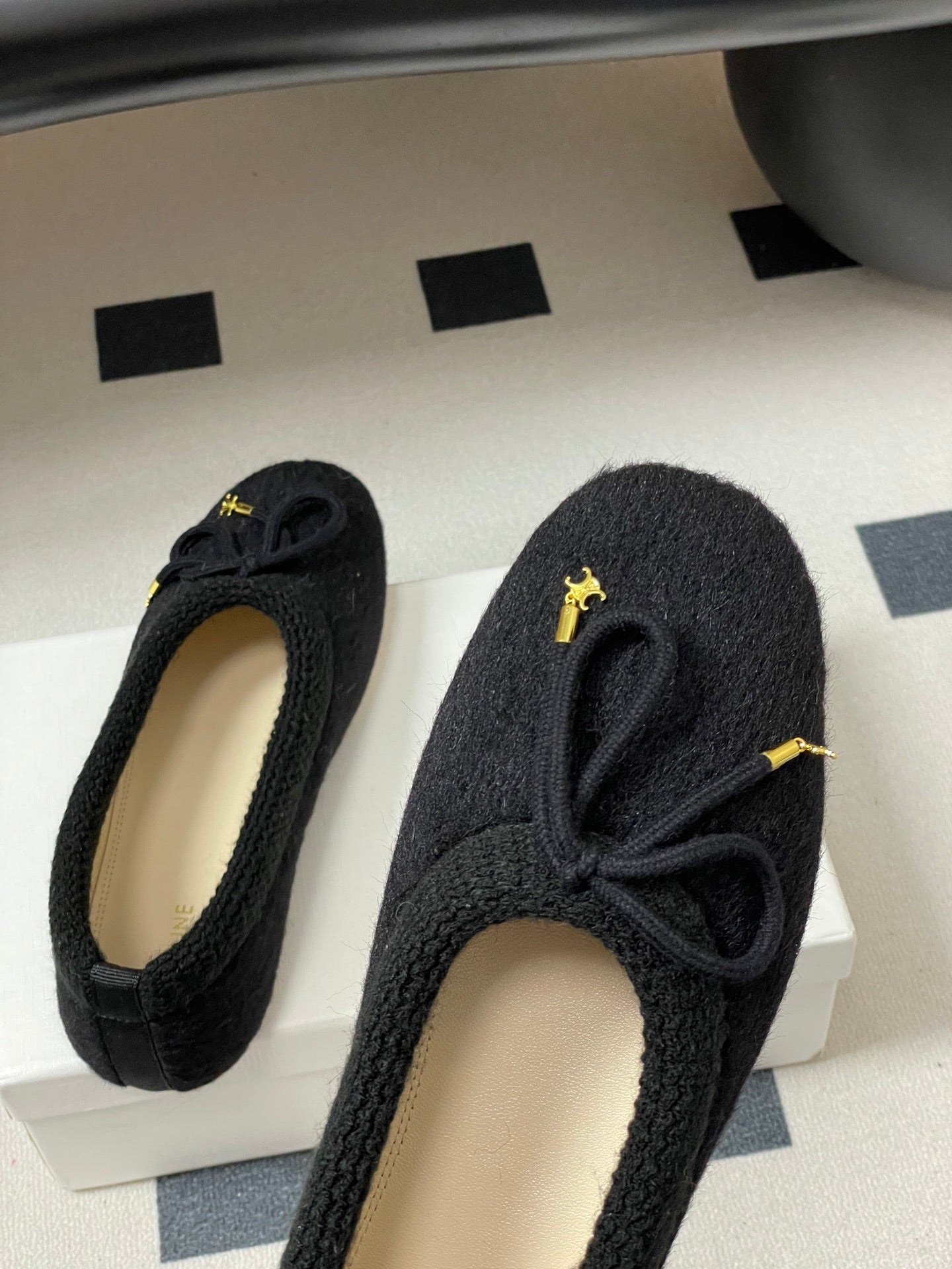 CELINE 26S BALLET FLATS IN BLACK WOOL WITH BOW