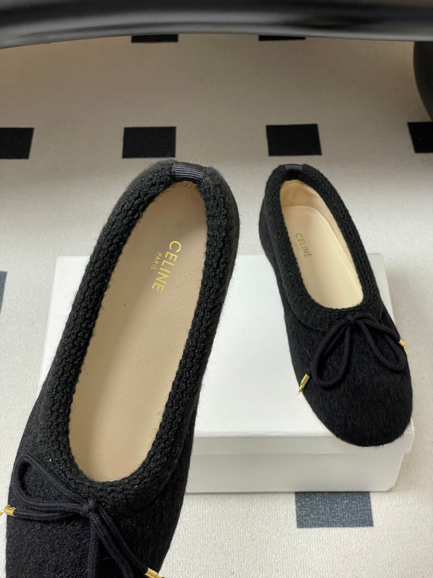 CELINE 26S BALLET FLATS IN BLACK WOOL WITH BOW
