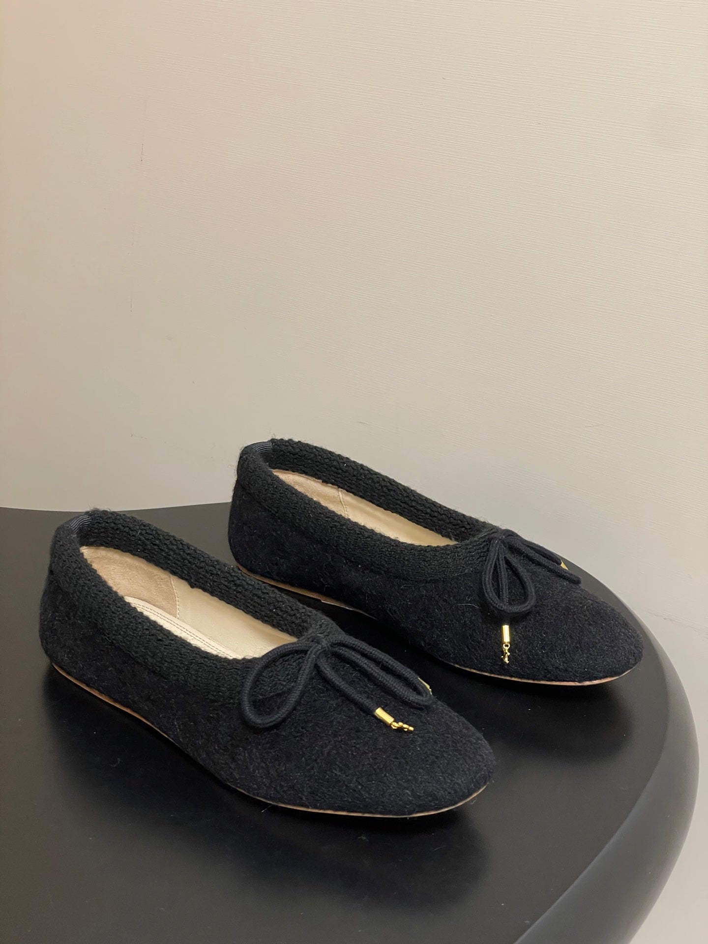 CELINE 26S BALLET FLATS IN BLACK WOOL WITH BOW