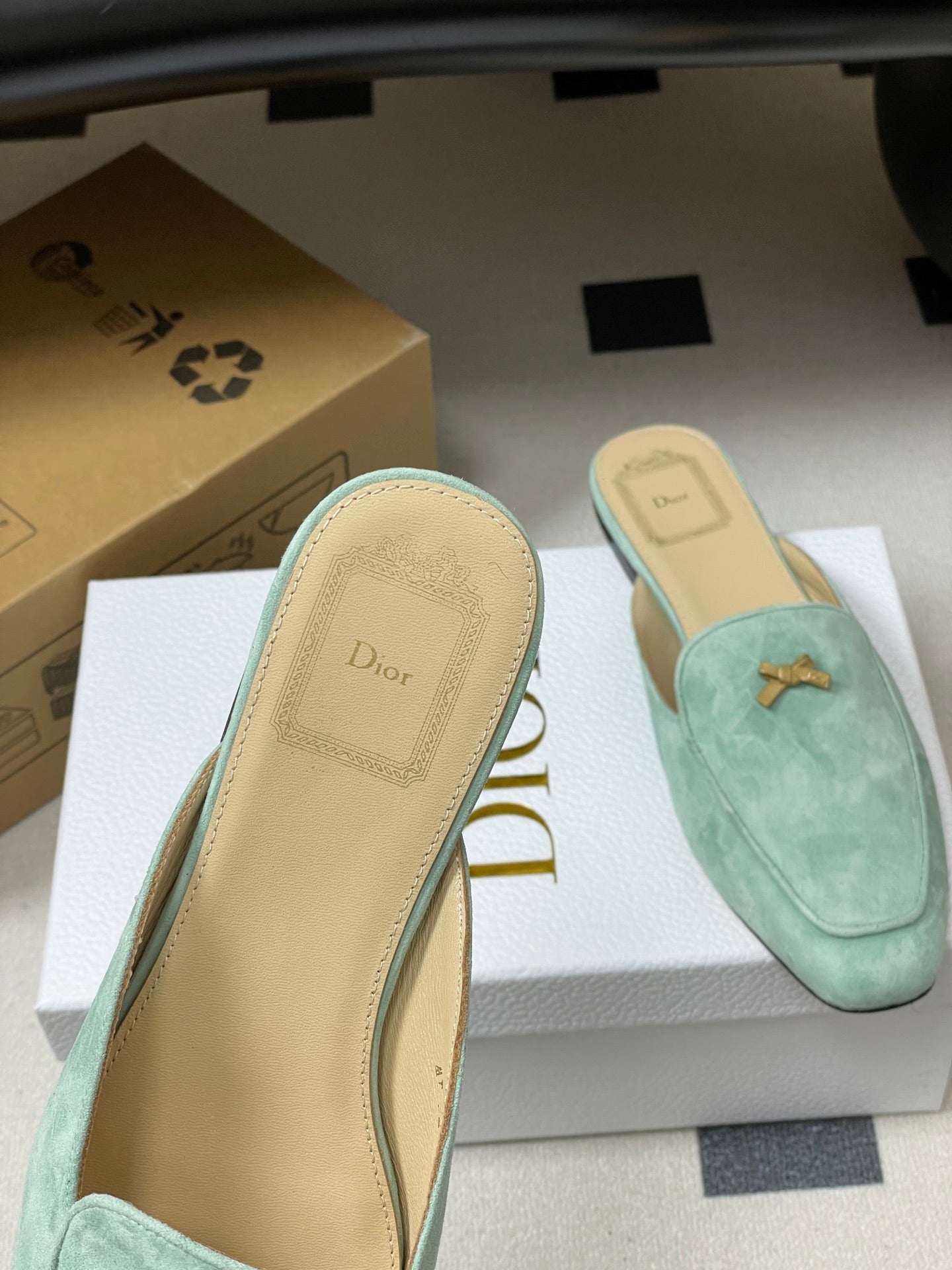 DIOR 26S MULES IN LIGHT MINT GREEN SUEDE WITH BOW