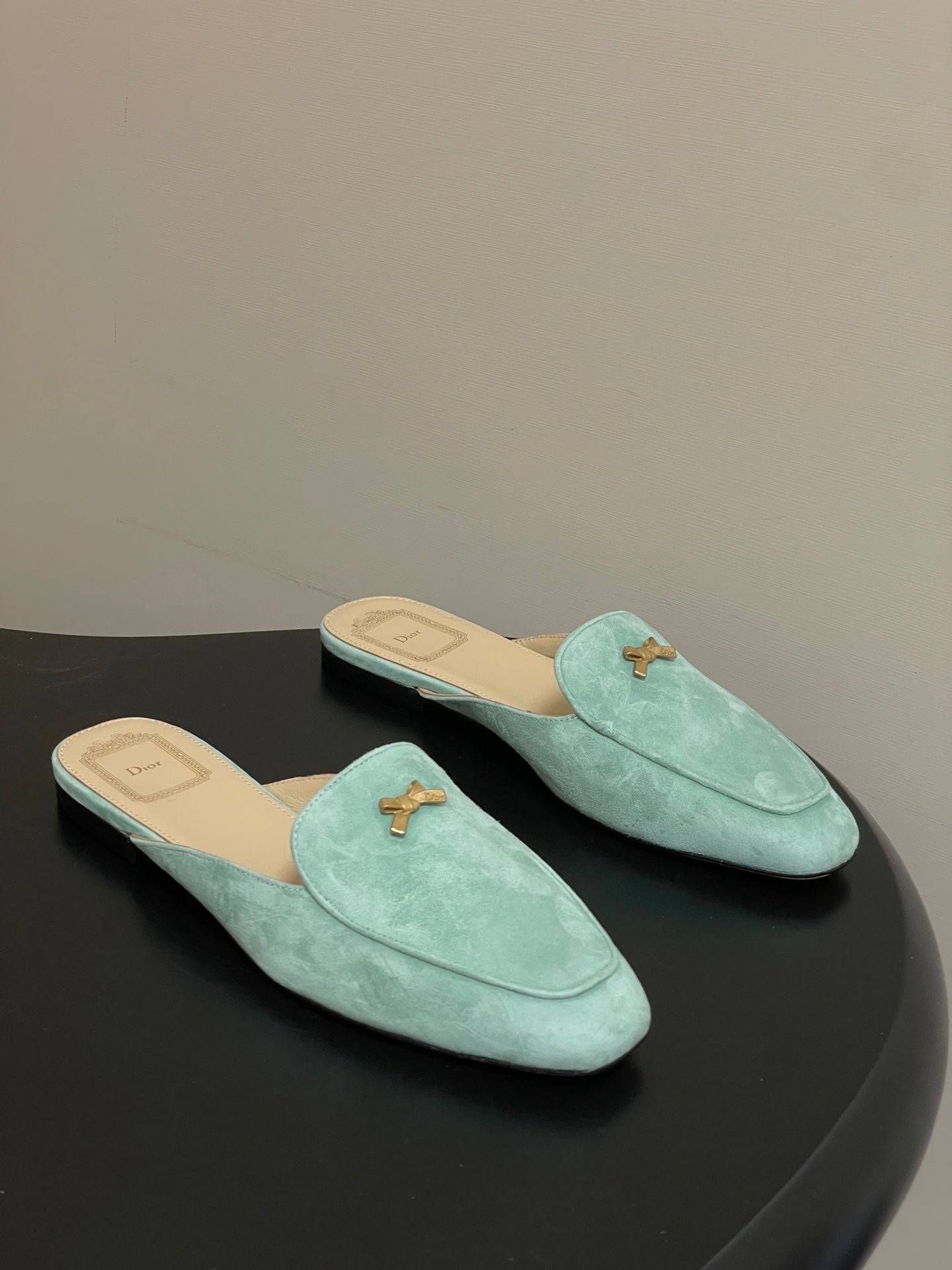 DIOR 26S MULES IN LIGHT MINT GREEN SUEDE WITH BOW