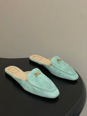 DIOR 26S MULES IN LIGHT MINT GREEN SUEDE WITH BOW