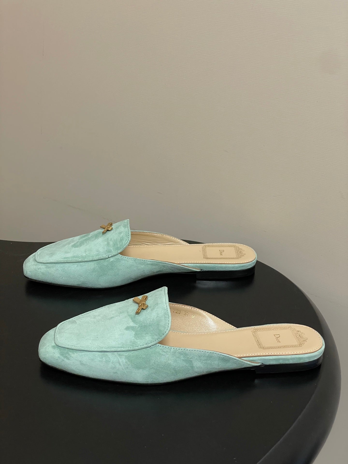 DIOR 26S MULES IN LIGHT MINT GREEN SUEDE WITH BOW
