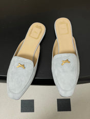 DIOR 26S MULES IN LIGHT BLUE GRAY SUEDE WITH BOW