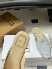 DIOR 26S MULES IN LIGHT BLUE GRAY SUEDE WITH BOW