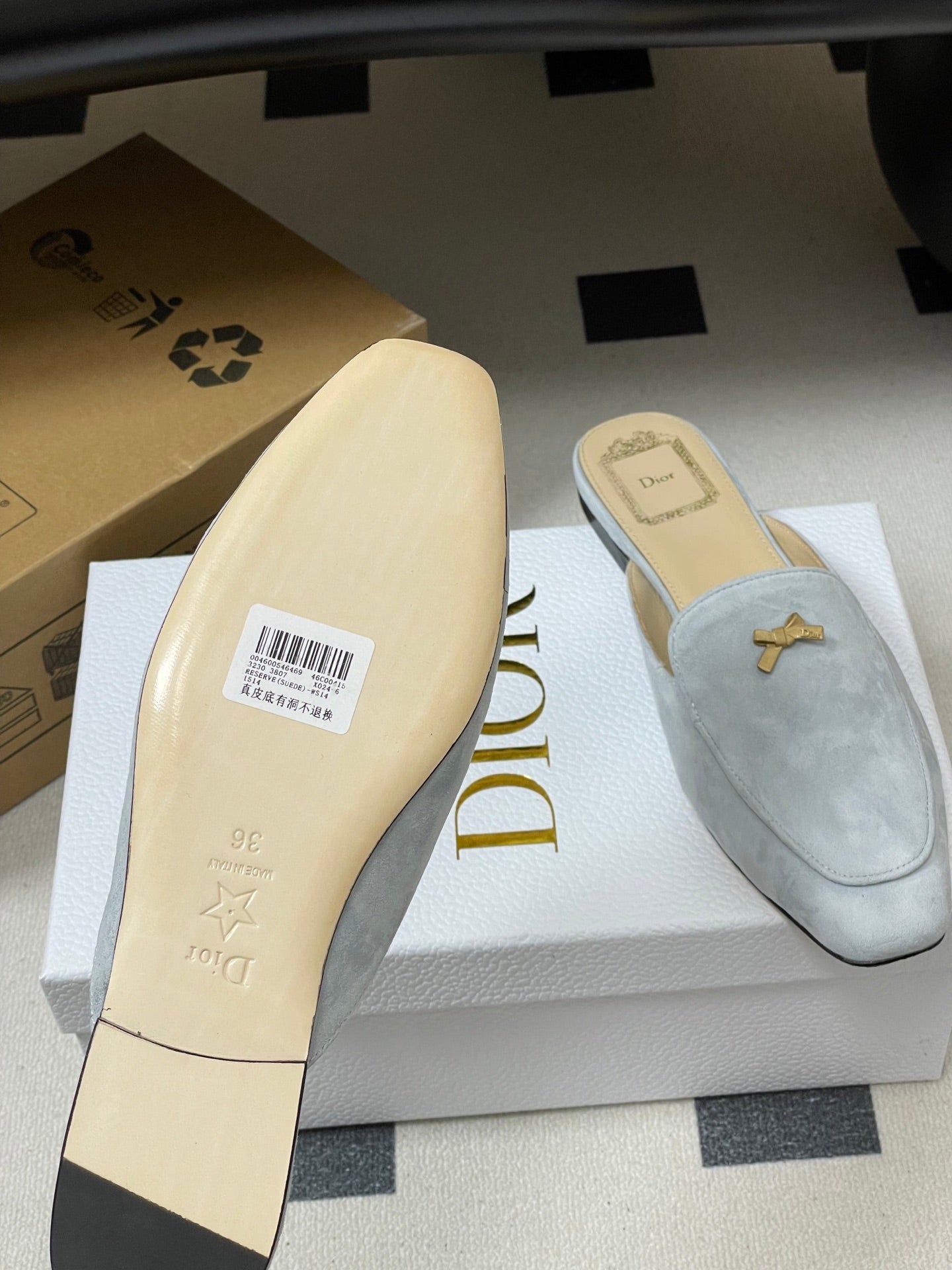 DIOR 26S MULES IN LIGHT BLUE GRAY SUEDE WITH BOW