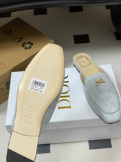 DIOR 26S MULES IN LIGHT BLUE GRAY SUEDE WITH BOW