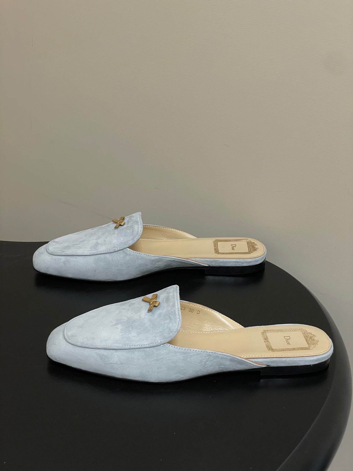 DIOR 26S MULES IN LIGHT BLUE GRAY SUEDE WITH BOW