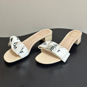 DIOR 26S J'ADIOR HEELED SLIDE 35MM IN BEIGE AND WHITE EMBROIDERED COTTON