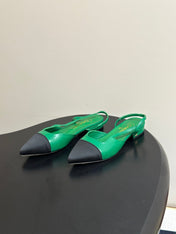 CHANEL 26S POINTED TOE SLINGBACKS IN GREEN LAMBSKIN AND BLACK FABRIC