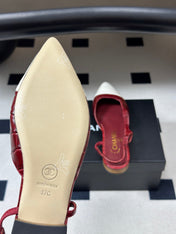 CHANEL 26S POINTED TOE SLINGBACKS IN DARK RED AND WHITE LAMBSKIN