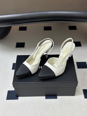 CHANEL 26S POINTED TOE HIGH HEEL SLINGBACKS 85 MM IN BLACK MIX WHITE LAMBSKIN