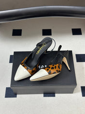 CHANEL 26S POINTED TOE HIGH HEEL SLINGBACKS 85 MM IN BROWN PONY HAIR WITH WHITE TOE