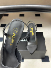 CHANEL 26S POINTED TOE HIGH HEEL SLINGBACKS 85 MM IN BLACK LAMBSKIN AND FABRIC