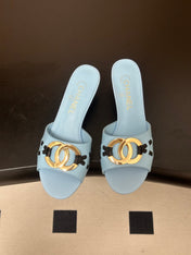 CHANEL 26S HIGH HEEL MULE IN LIGHT BLUE LAMBSKIN WITH GOLD TONE CC LOGO
