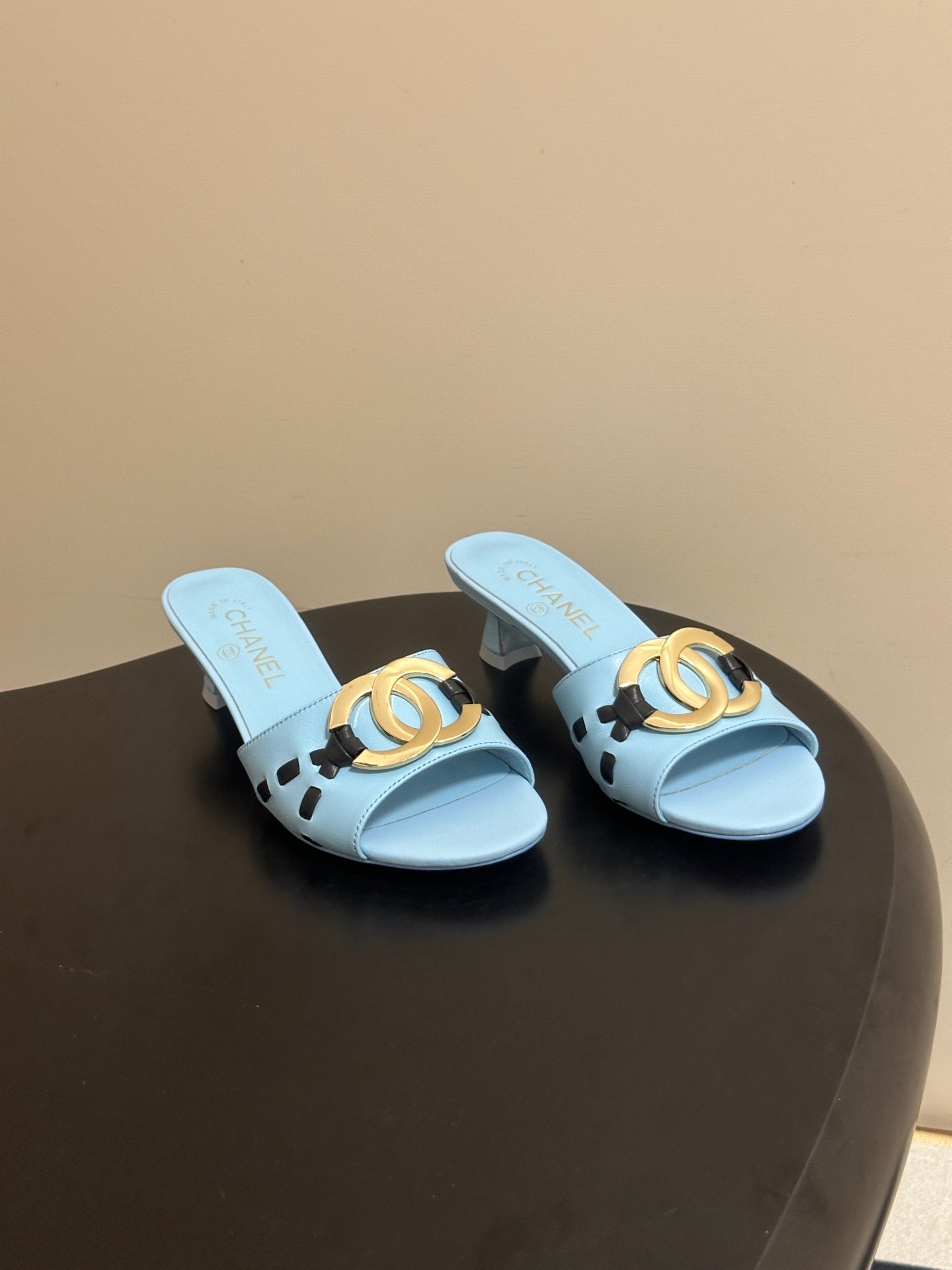 CHANEL 26S HIGH HEEL MULE IN LIGHT BLUE LAMBSKIN WITH GOLD TONE CC LOGO