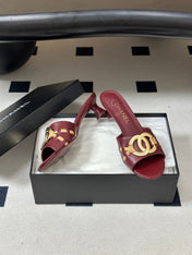 CHANEL 26S HIGH HEEL MULE IN RED LAMBSKIN WITH GOLD TONE CC LOGO